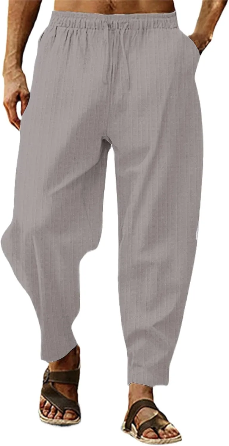Men's Linen Pants Striped Casual Beach Vacation Slacks Open Bottom Drawstring Waist Relaxed Fit Trousers for Summer