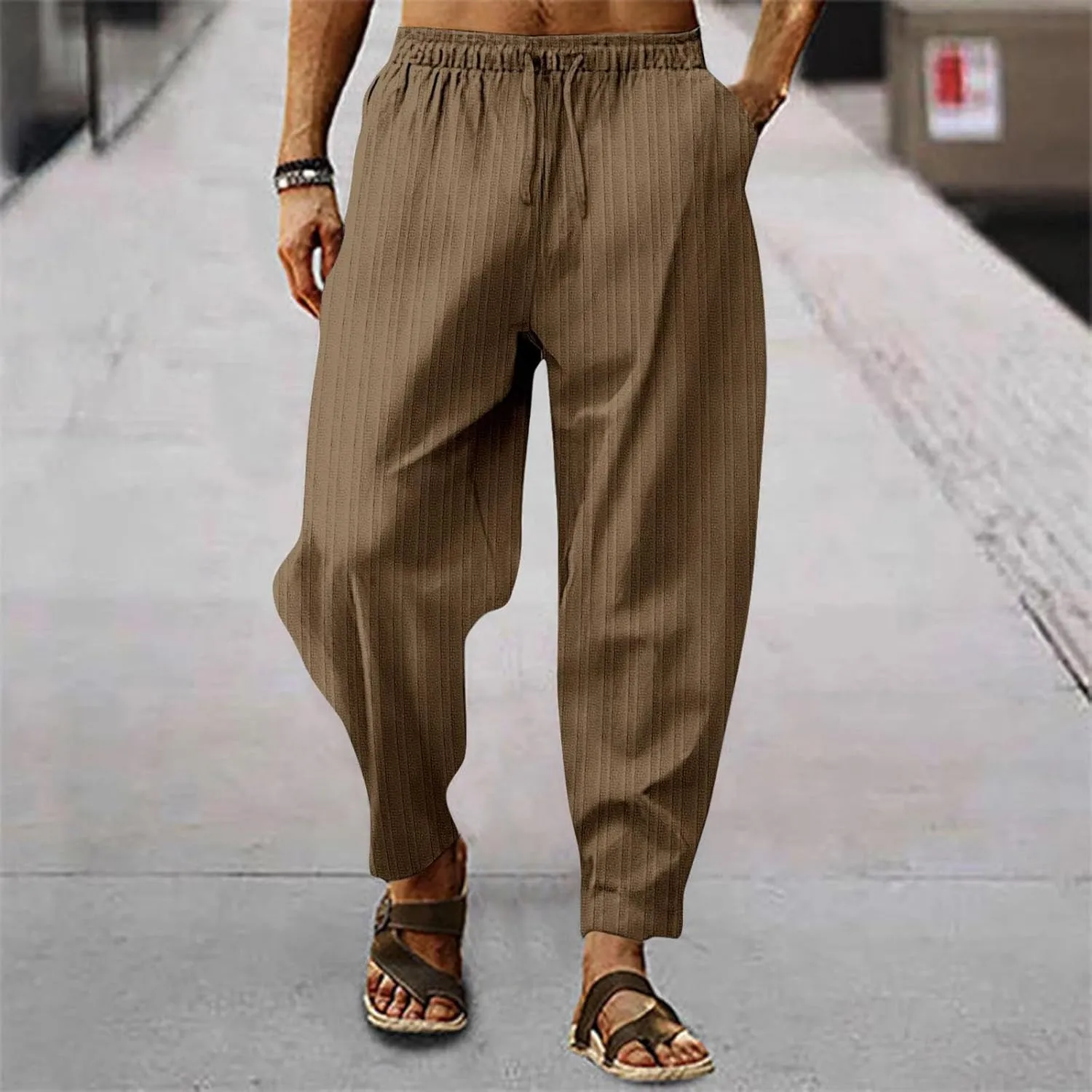 Men's Linen Pants Striped Casual Beach Vacation Slacks Open Bottom Drawstring Waist Relaxed Fit Trousers for Summer
