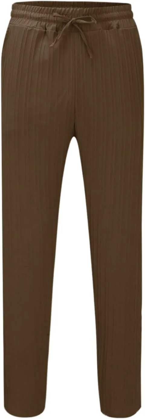 Men's Linen Pants Striped Casual Beach Vacation Slacks Open Bottom Drawstring Waist Relaxed Fit Trousers for Summer