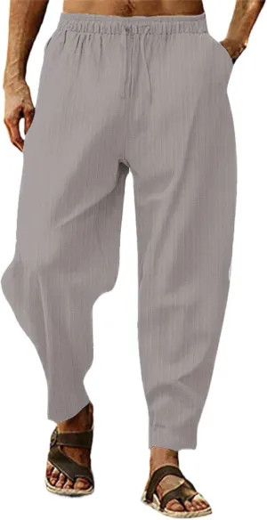 Men's Linen Pants Striped Casual Beach Vacation Slacks Open Bottom Drawstring Waist Relaxed Fit Trousers for Summer