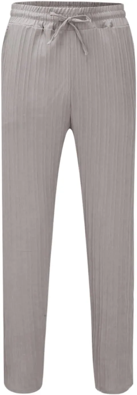 Men's Linen Pants Striped Casual Beach Vacation Slacks Open Bottom Drawstring Waist Relaxed Fit Trousers for Summer