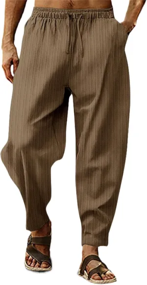 Men's Linen Pants Striped Casual Beach Vacation Slacks Open Bottom Drawstring Waist Relaxed Fit Trousers for Summer
