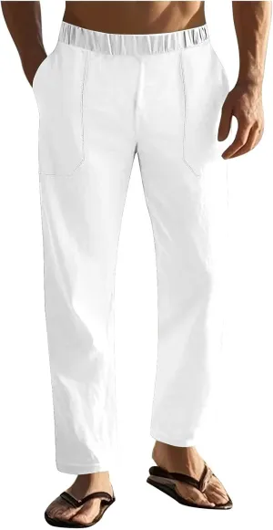 Mens Linen Pants with Drawstring Waist Comfortable Summer Casual Pants for Men Beachwear Relaxed Fit