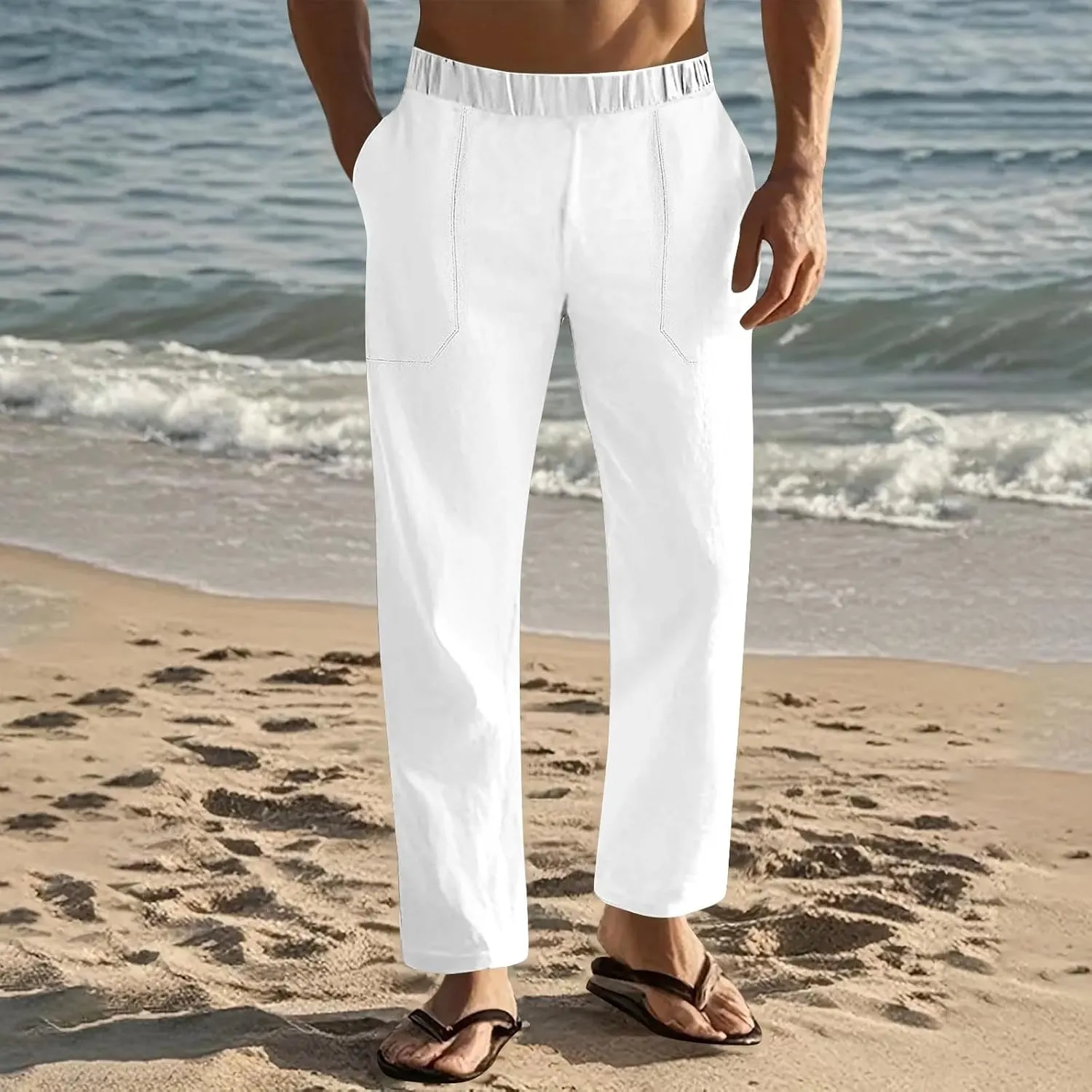 Mens Linen Pants with Drawstring Waist Comfortable Summer Casual Pants for Men Beachwear Relaxed Fit