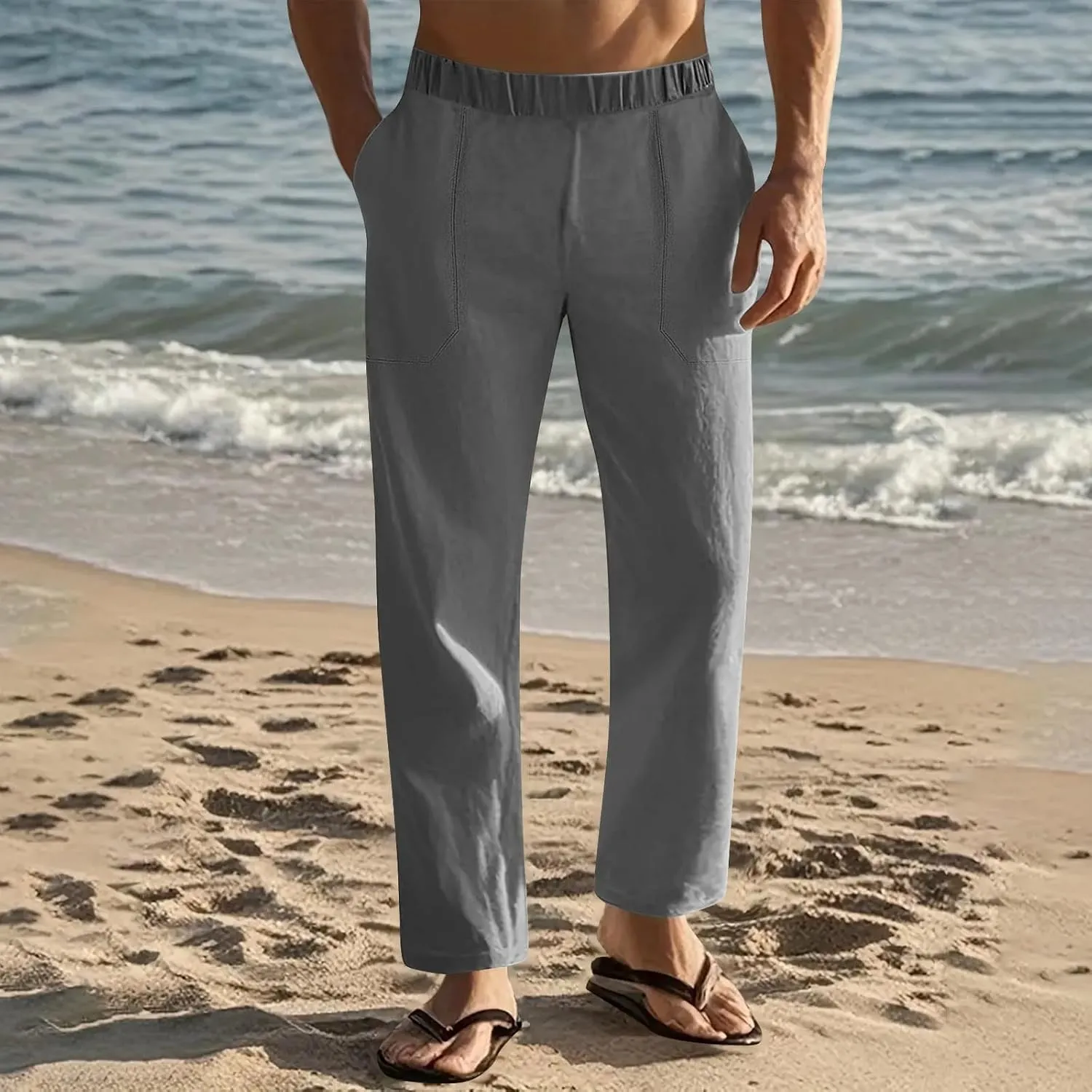 Mens Linen Pants with Drawstring Waist Comfortable Summer Casual Pants for Men Beachwear Relaxed Fit