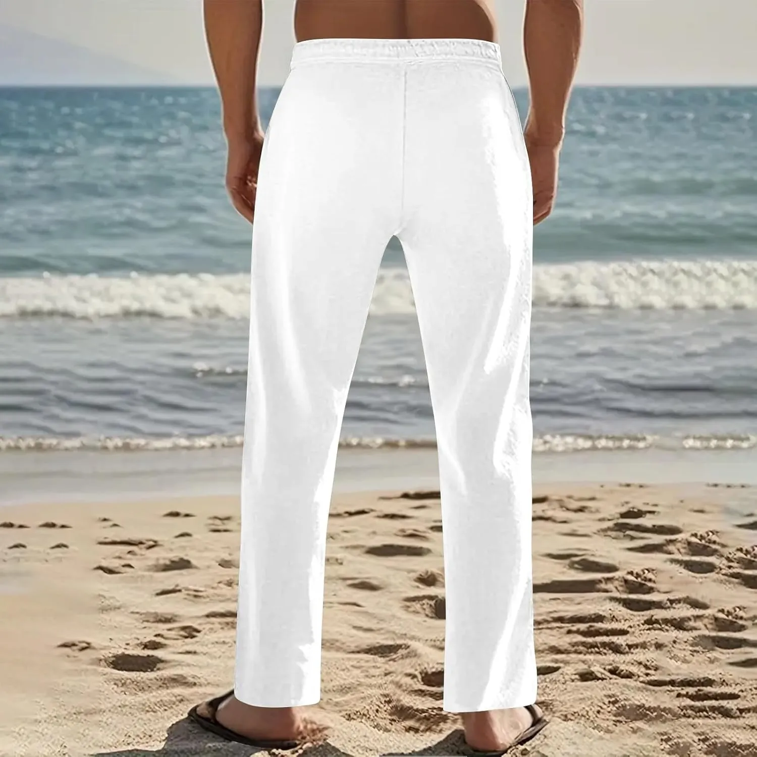 Mens Linen Pants with Drawstring Waist Comfortable Summer Casual Pants for Men Beachwear Relaxed Fit