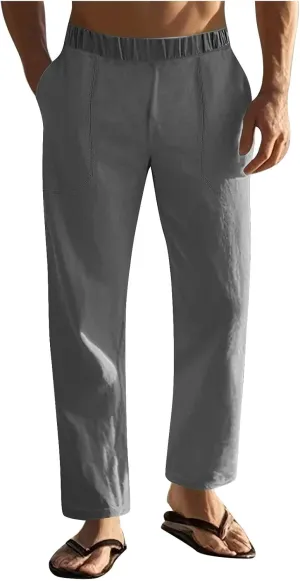 Mens Linen Pants with Drawstring Waist Comfortable Summer Casual Pants for Men Beachwear Relaxed Fit