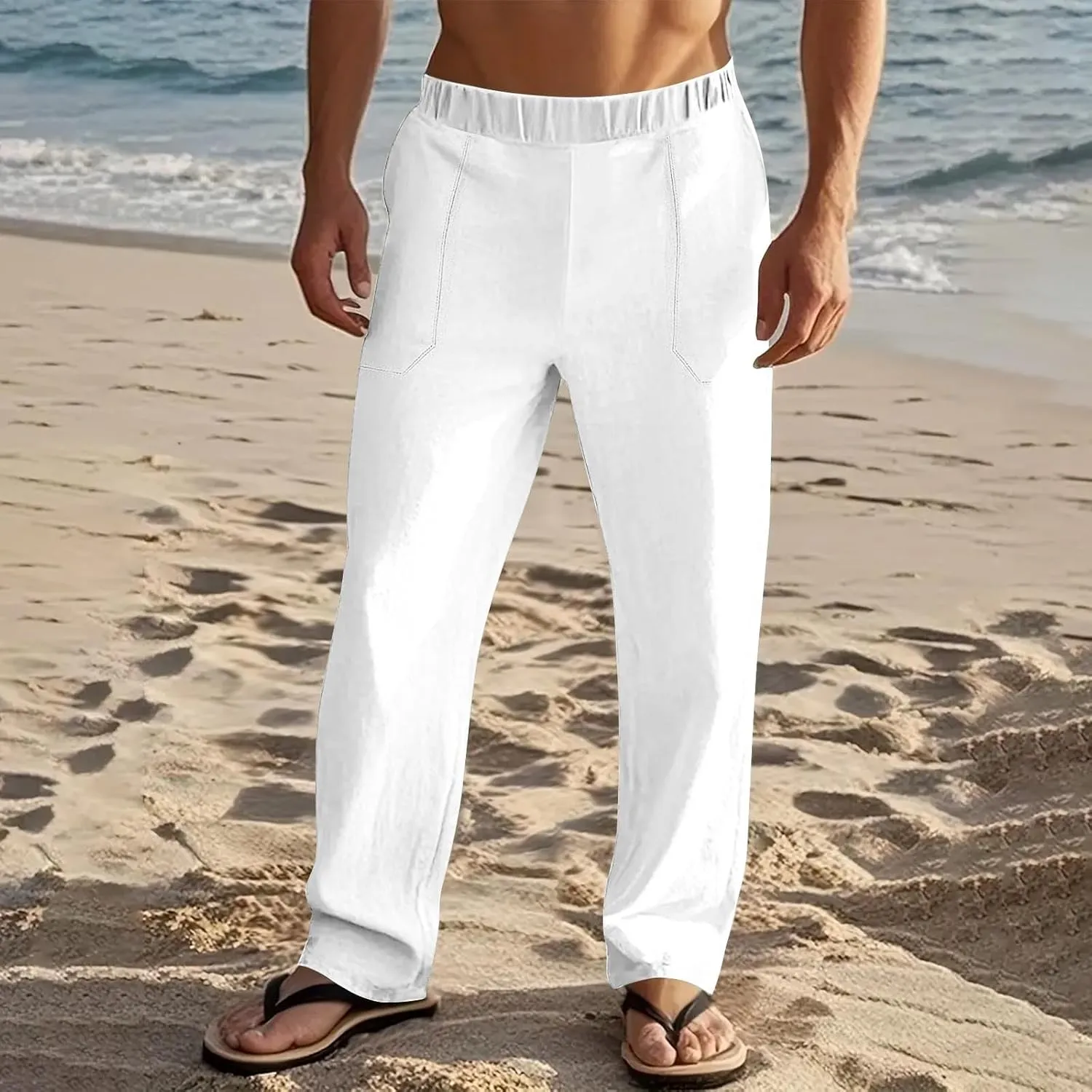Mens Linen Pants with Drawstring Waist Comfortable Summer Casual Pants for Men Beachwear Relaxed Fit