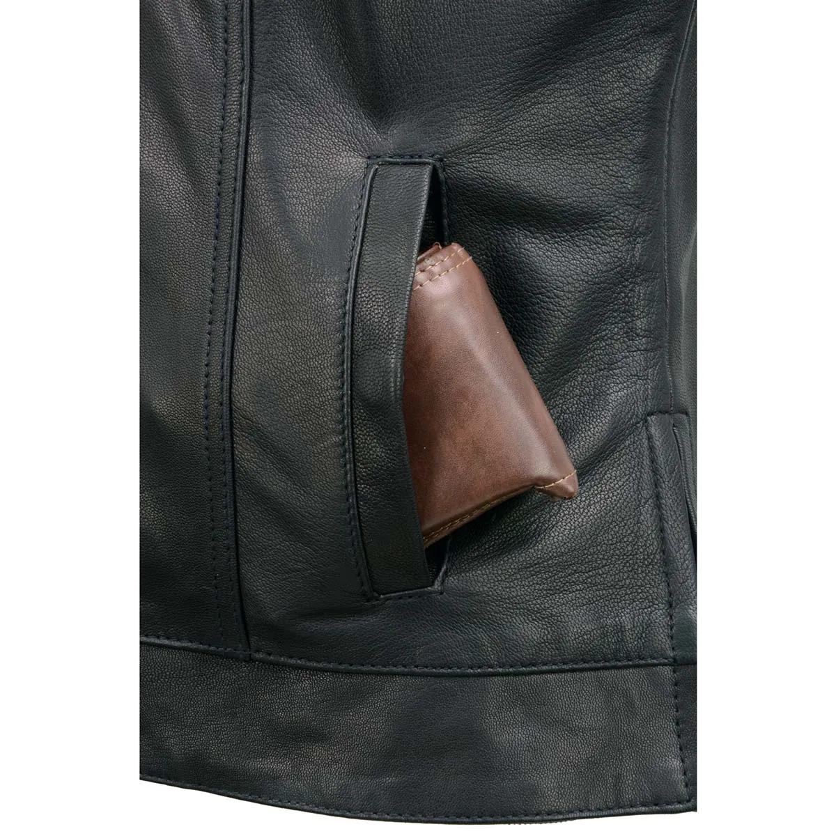 MLL4512 Womens Black Leather 'Lashes' Club Style Motorcycle Rider Vest W/ Concealed Dual Closure