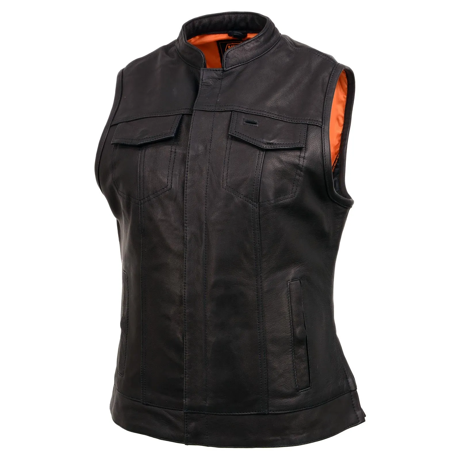 MLL4512 Womens Black Leather 'Lashes' Club Style Motorcycle Rider Vest W/ Concealed Dual Closure