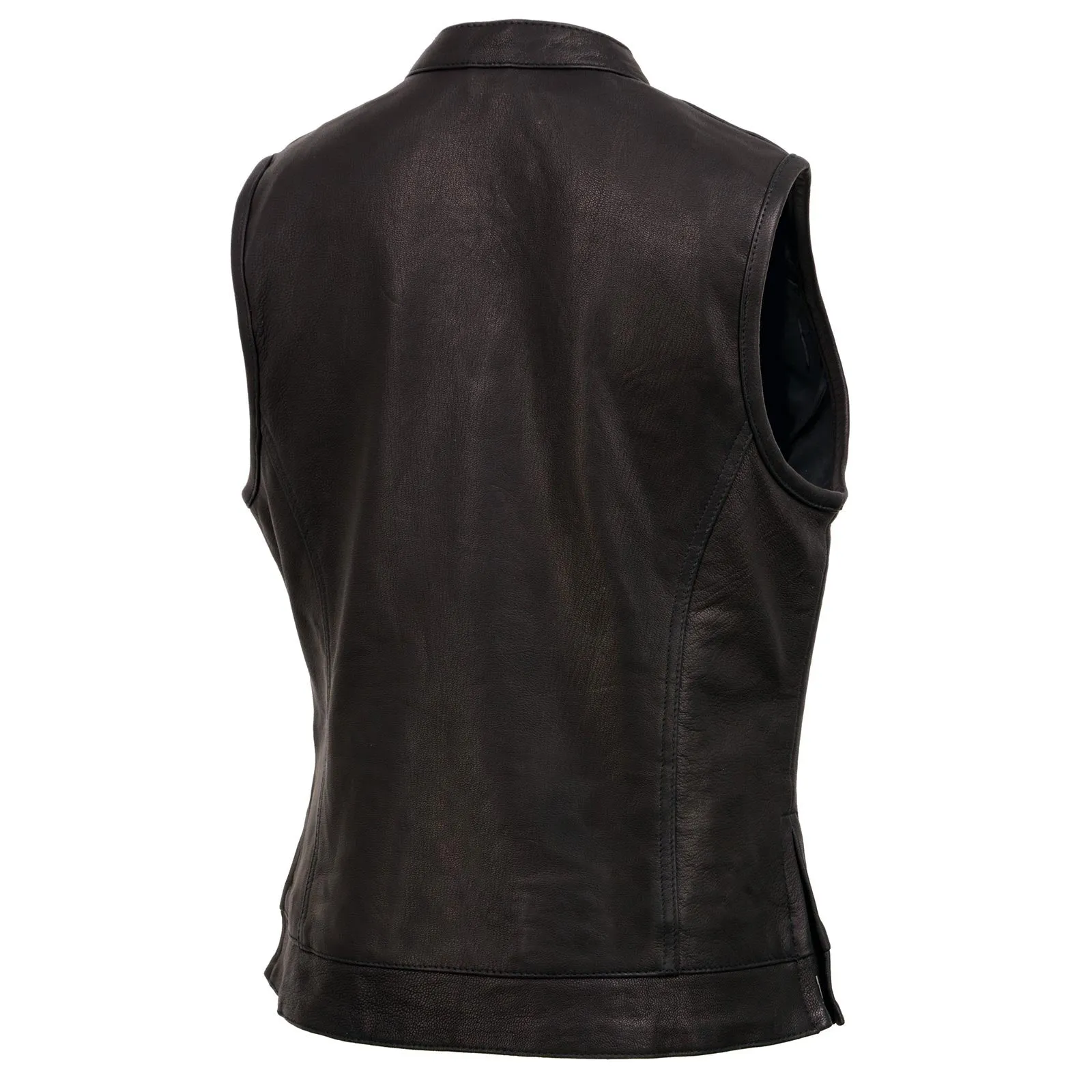 MLL4512 Womens Black Leather 'Lashes' Club Style Motorcycle Rider Vest W/ Concealed Dual Closure