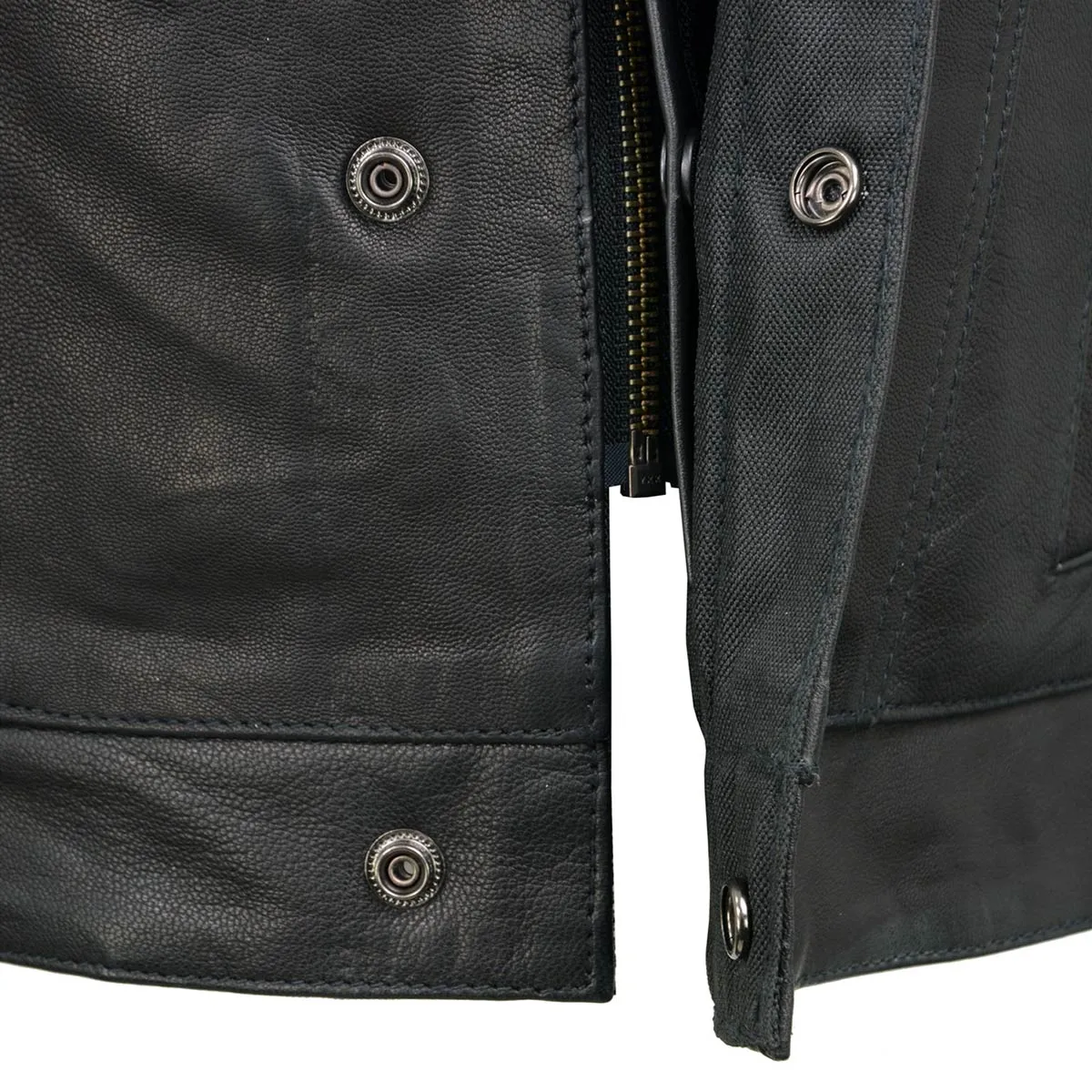 MLL4512 Womens Black Leather 'Lashes' Club Style Motorcycle Rider Vest W/ Concealed Dual Closure