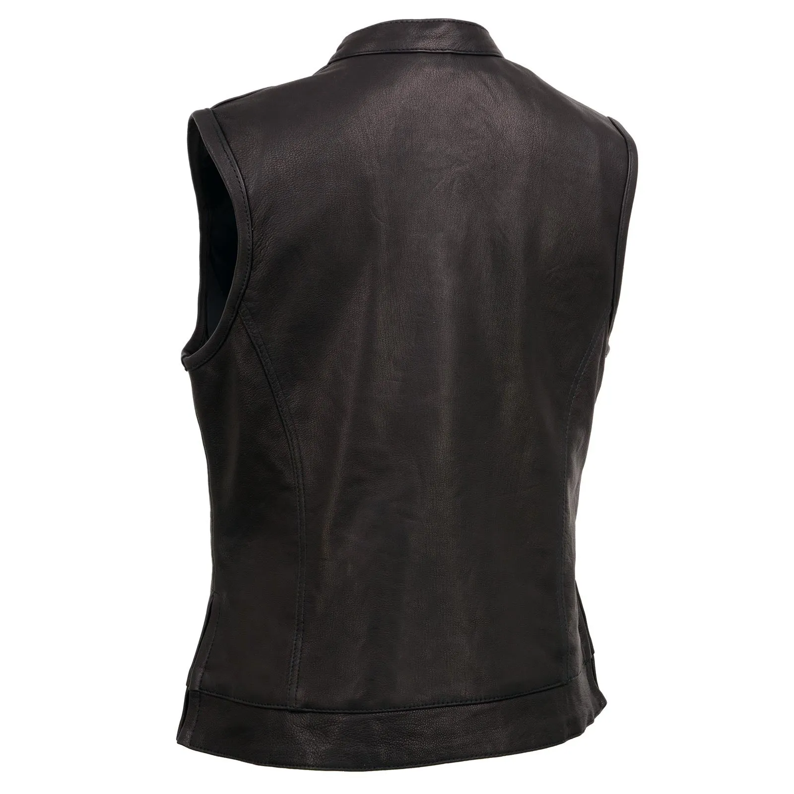 MLL4512 Womens Black Leather 'Lashes' Club Style Motorcycle Rider Vest W/ Concealed Dual Closure