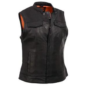 MLL4512 Womens Black Leather 'Lashes' Club Style Motorcycle Rider Vest W/ Concealed Dual Closure