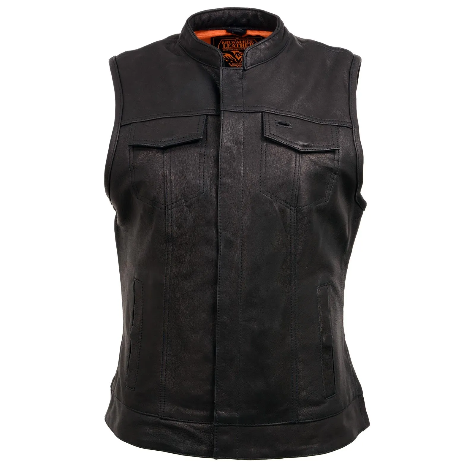 MLL4512 Womens Black Leather 'Lashes' Club Style Motorcycle Rider Vest W/ Concealed Dual Closure