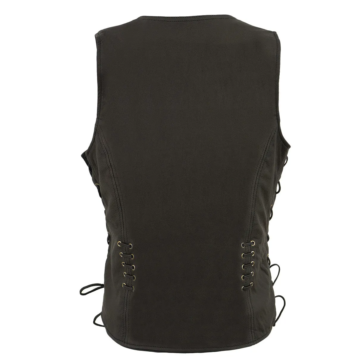 MLL4575 Women's Black Leather Side Lace Multiple Pockets Round V-Neck Motorcycle Rider Vest