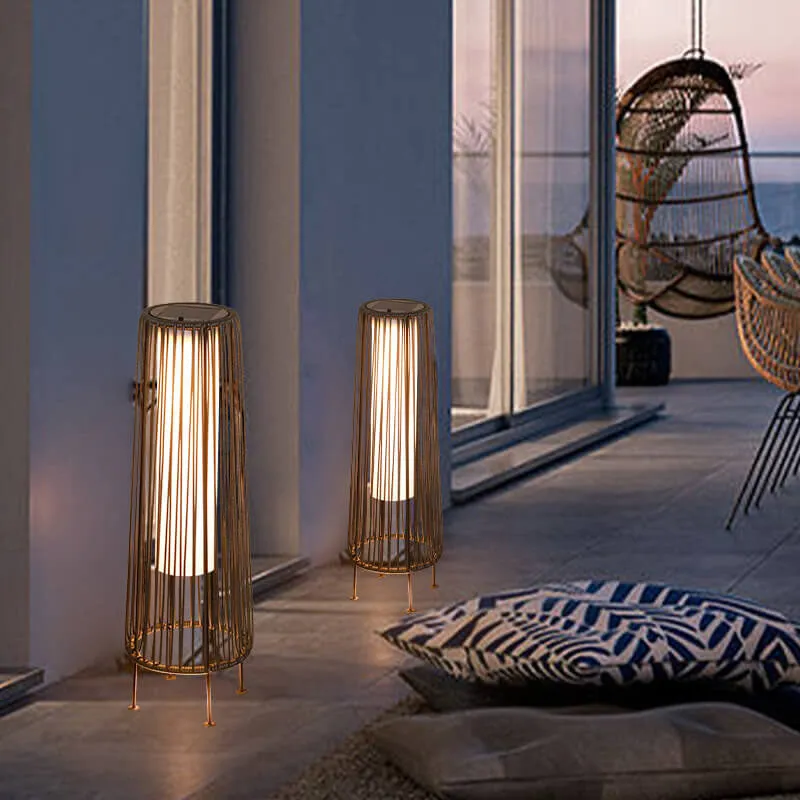 Modern Shabby Chic Solar Round Trapezoidal Iron Rattan Wicker LED Outdoor Light For Outdoor Patio