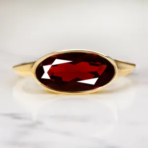 MOVAL RED GARNET 14K YELLOW GOLD RING EAST WEST BEZEL OVAL MARQUISE SOLITAIRE