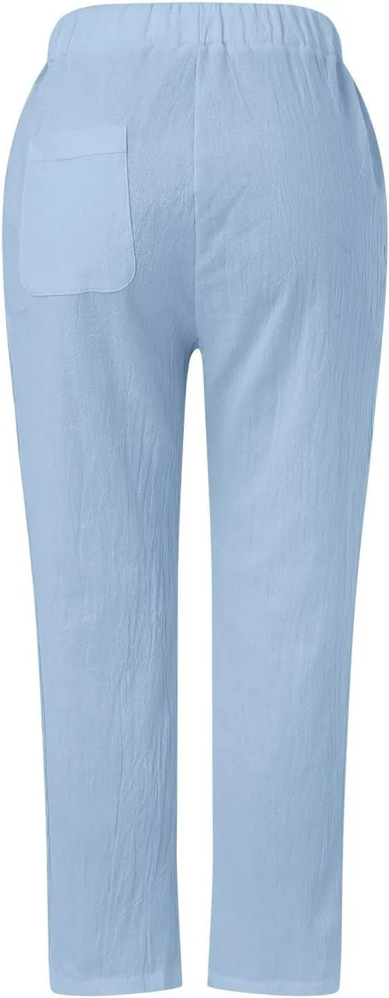 Pants for Women, Stripe Linen Straight Leg Peasant Pants Casual Trendy 2025