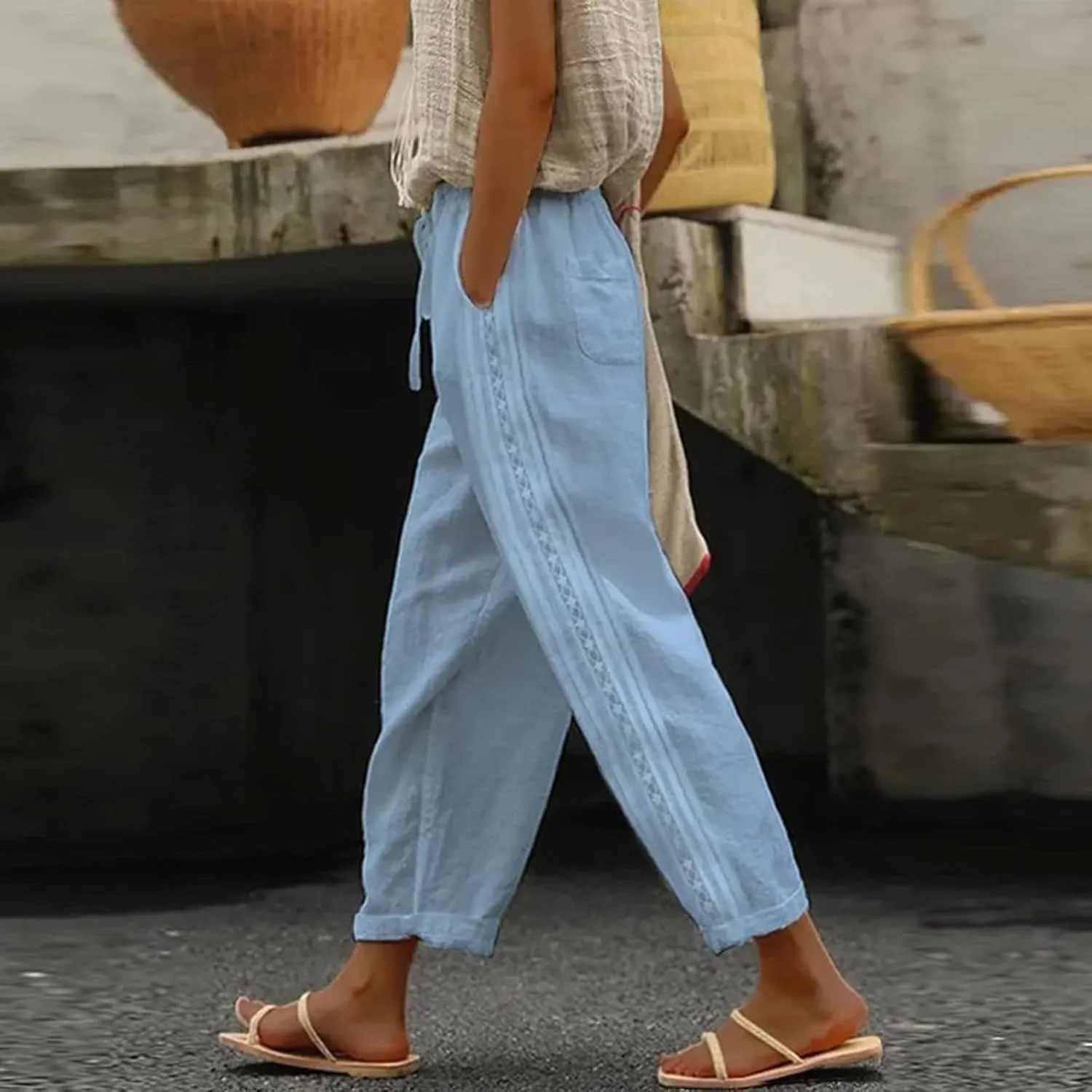Pants for Women, Stripe Linen Straight Leg Peasant Pants Casual Trendy 2025