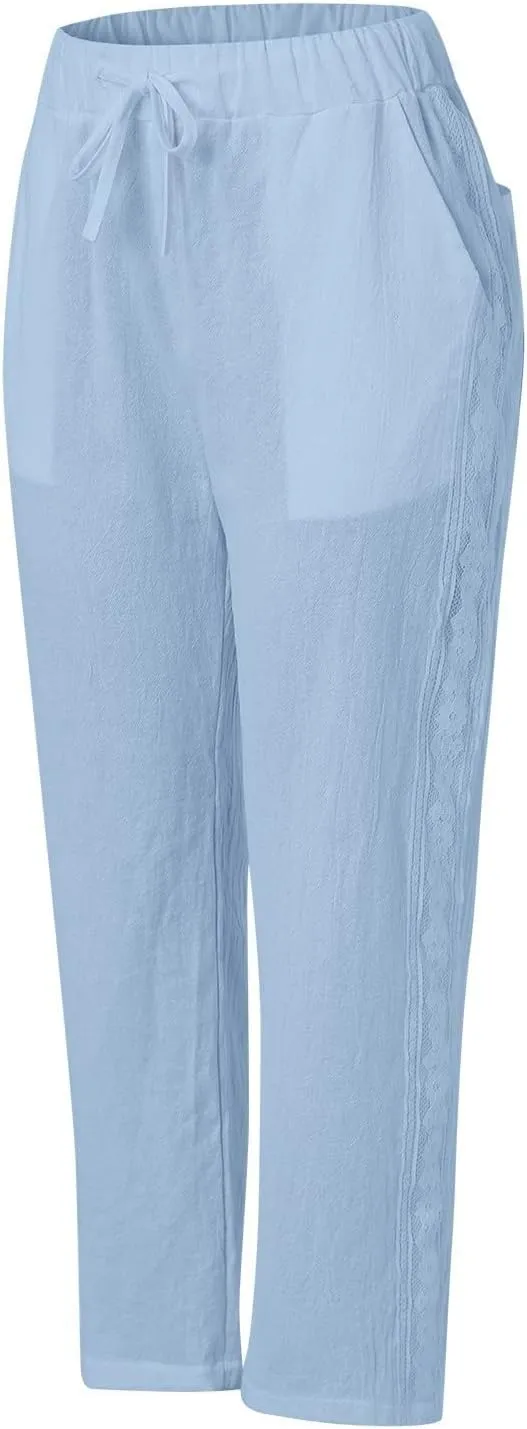 Pants for Women, Stripe Linen Straight Leg Peasant Pants Casual Trendy 2025