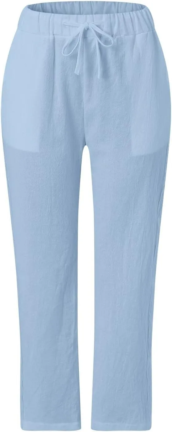 Pants for Women, Stripe Linen Straight Leg Peasant Pants Casual Trendy 2025