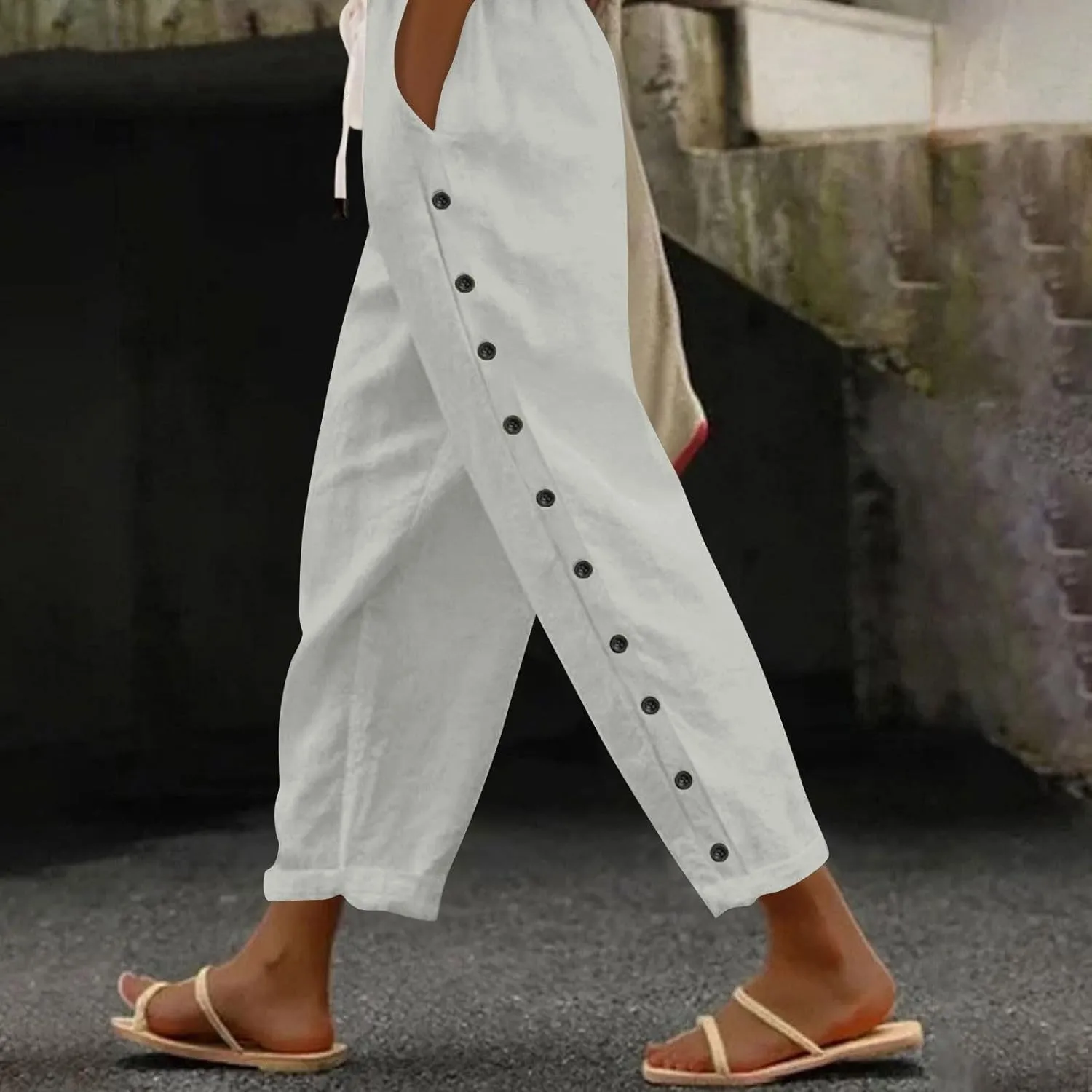 Pants for Women, Stripe Linen Straight Leg Peasant Pants Casual Trendy 2025