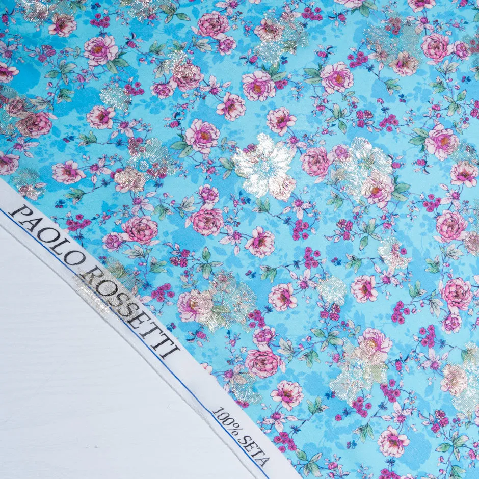 Pink Floral Printed Sky Blue Metallic Silk Georgette
