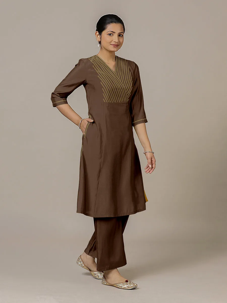 Piya x Rozaana | A Line Kurta in Walnut Brown with Thread Work | Coords or Only Kurta