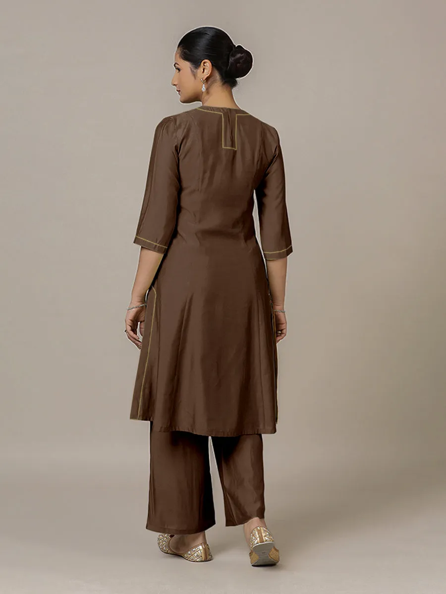 Piya x Rozaana | A Line Kurta in Walnut Brown with Thread Work | Coords or Only Kurta