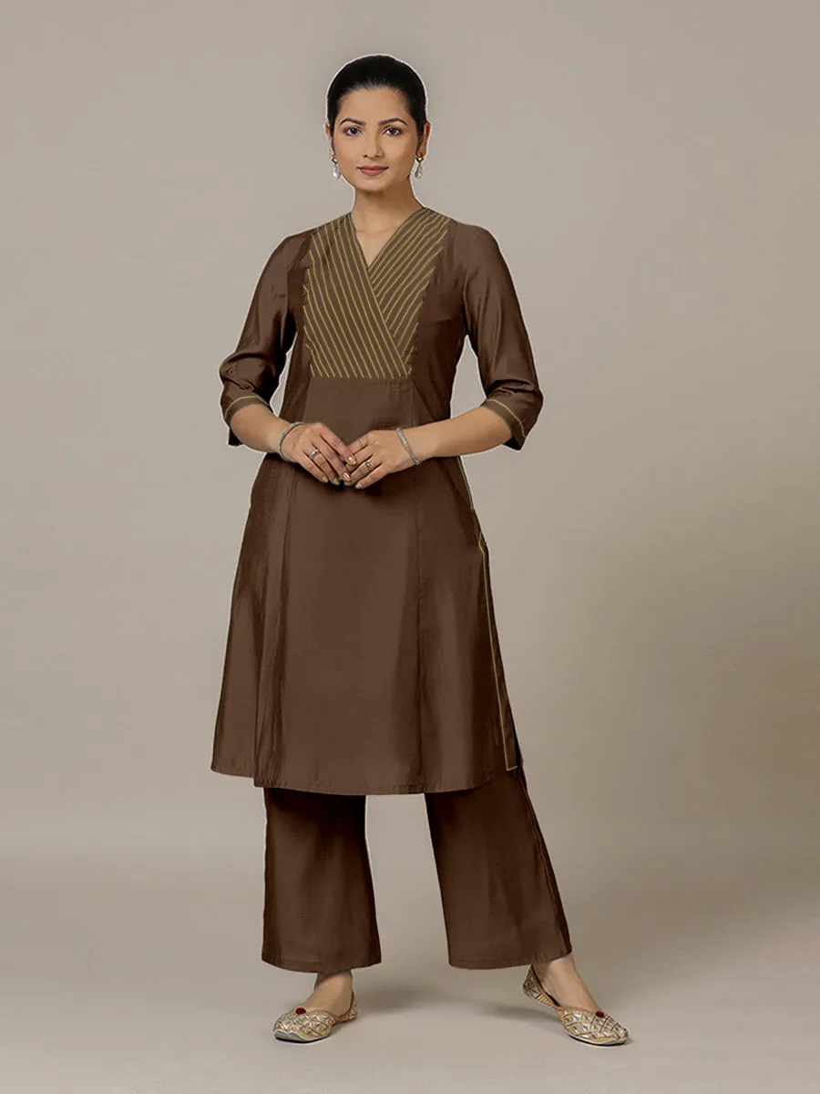 Piya x Rozaana | A Line Kurta in Walnut Brown with Thread Work | Coords or Only Kurta