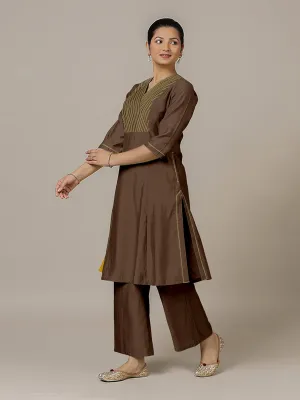 Piya x Rozaana | A Line Kurta in Walnut Brown with Thread Work | Coords or Only Kurta
