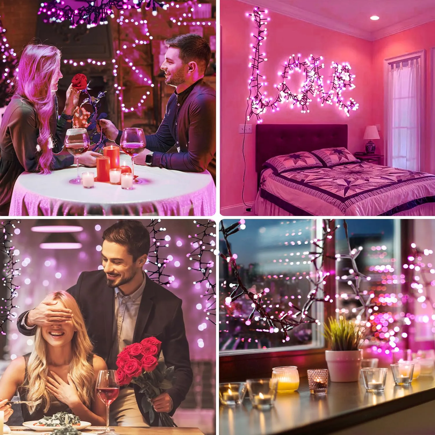 Quntis Cluster Christmas String Lights Pink &White, 400 LED 8 Twinkle Modes 13FT Globe Fairy Lights for Xmas Tree Bedroom Indoor Outdoor Valentine Wedding Holiday  Pink White