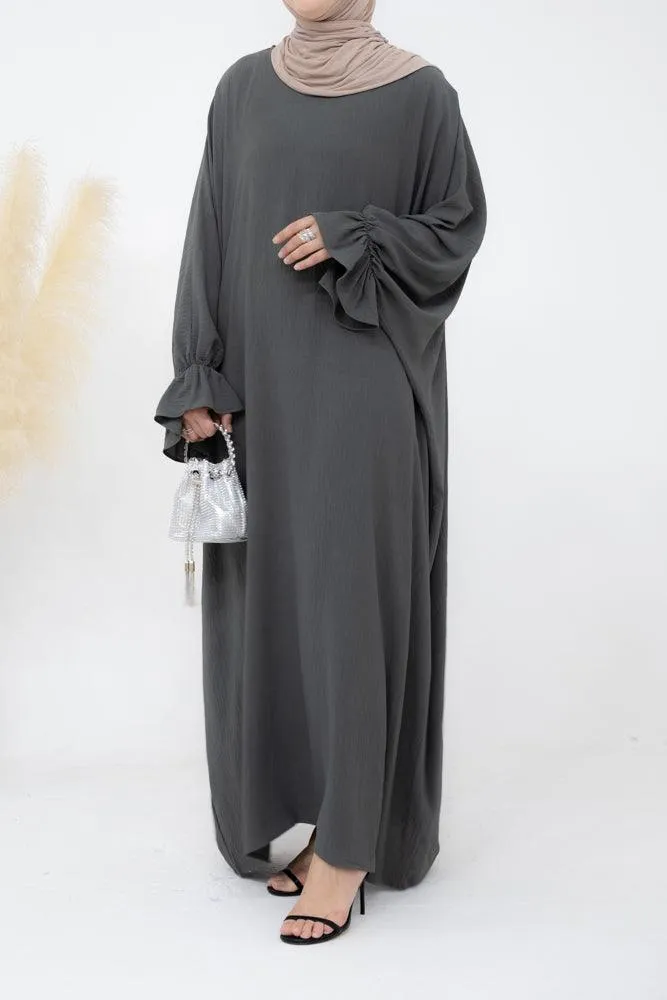 Radwa batwing abaya with ruched sleeve and loose cut in dark grey
