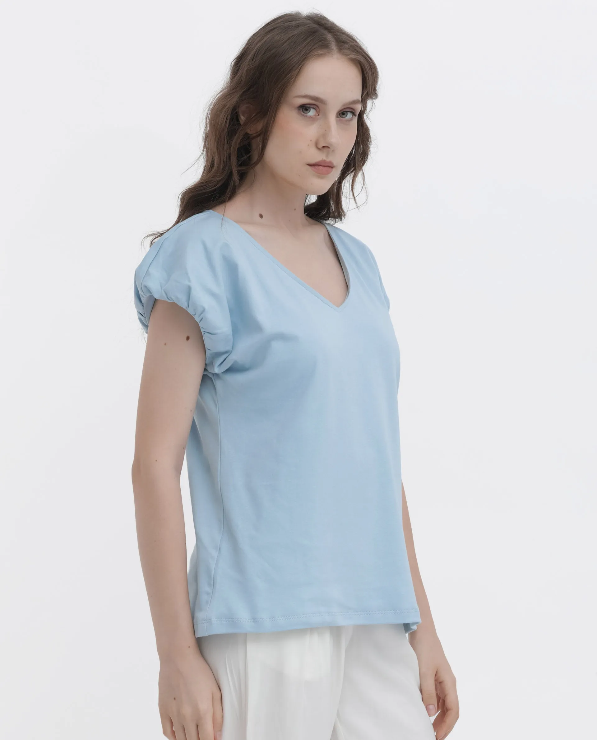 Rareism Women Conrad Light Blue Cotton Fabric Short Sleeves V-Neck Extended Sleeve Regular Fit Plain Top