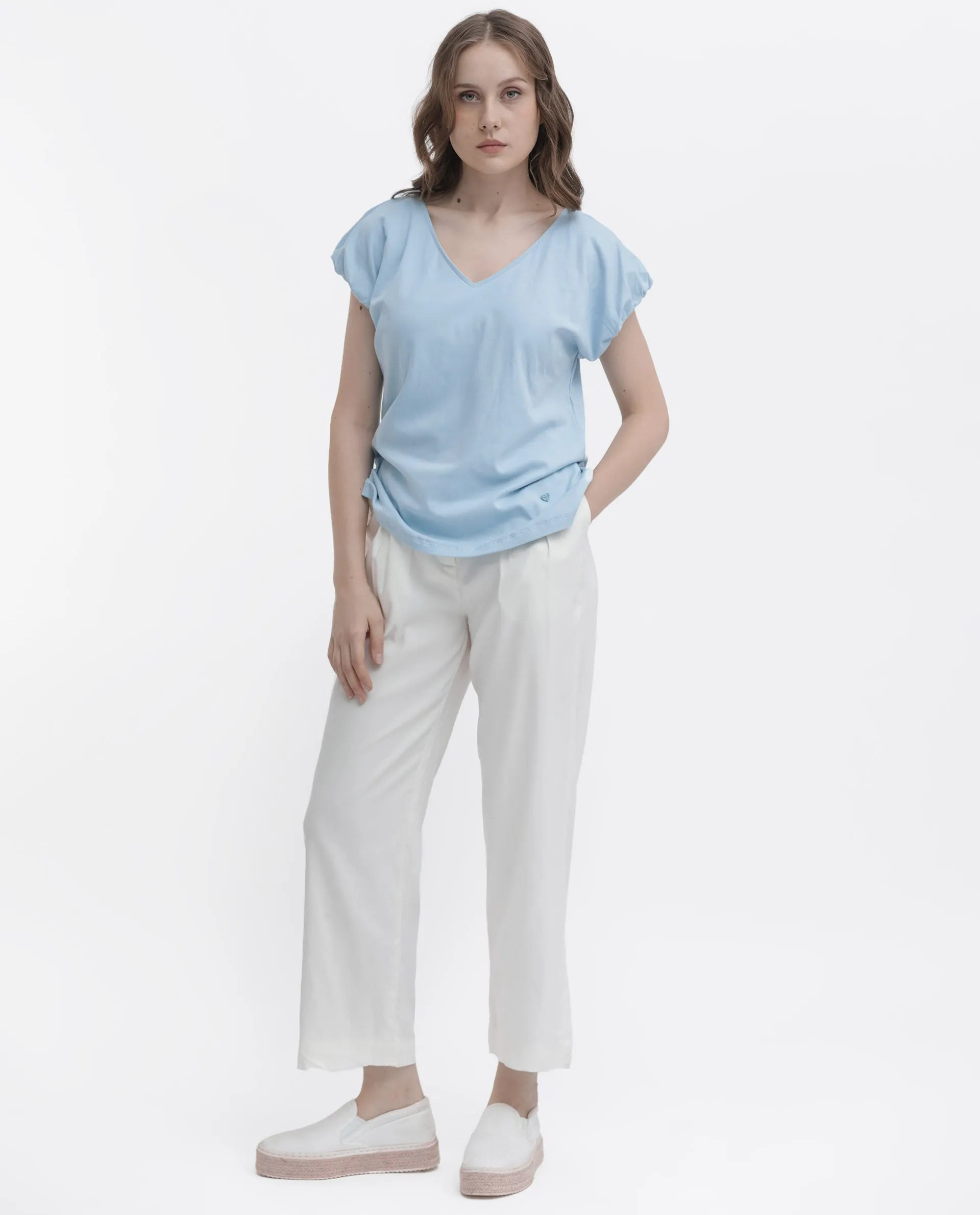Rareism Women Conrad Light Blue Cotton Fabric Short Sleeves V-Neck Extended Sleeve Regular Fit Plain Top