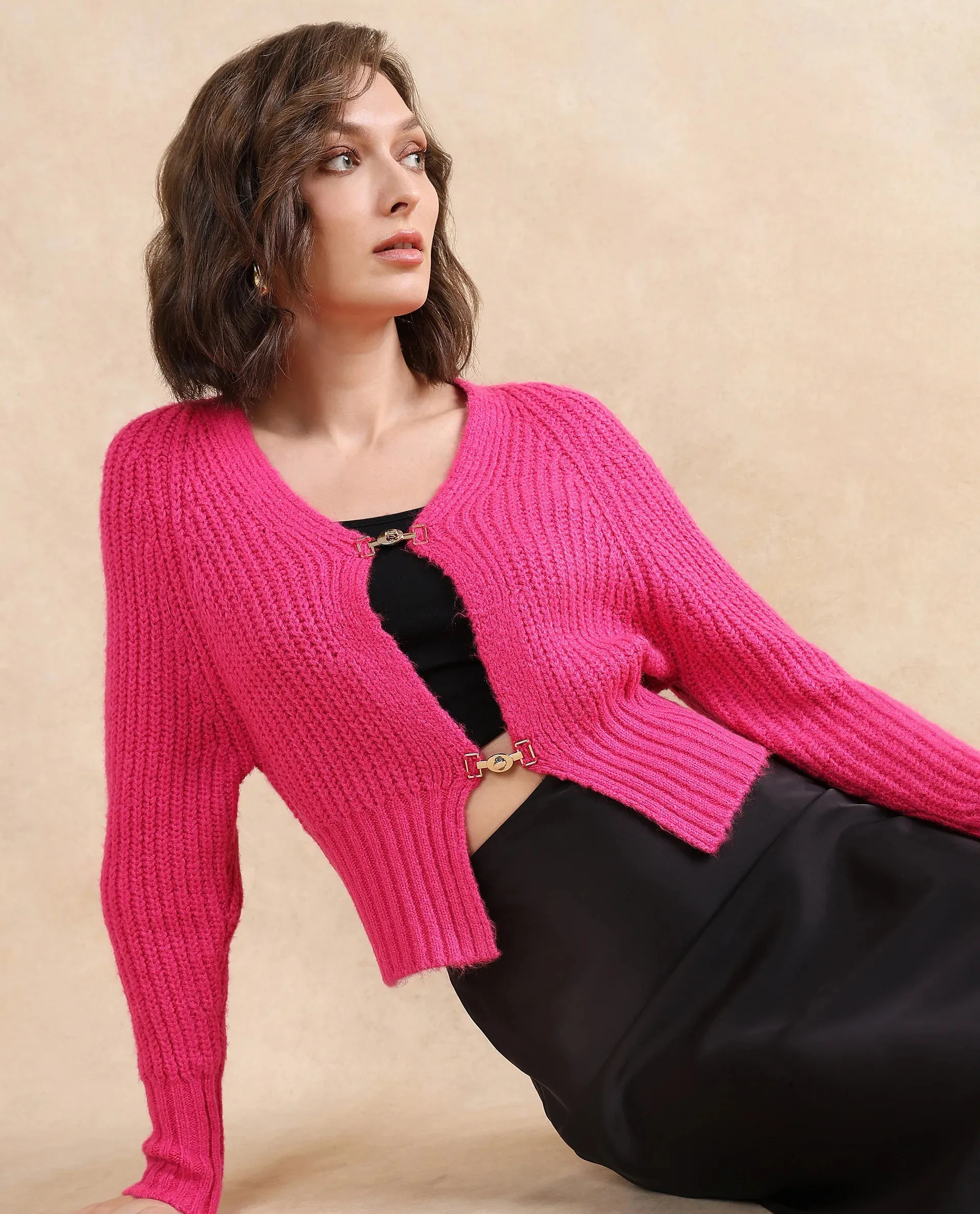 Rareism Women Okali Pink Relaxed Fit Plain Cardigan