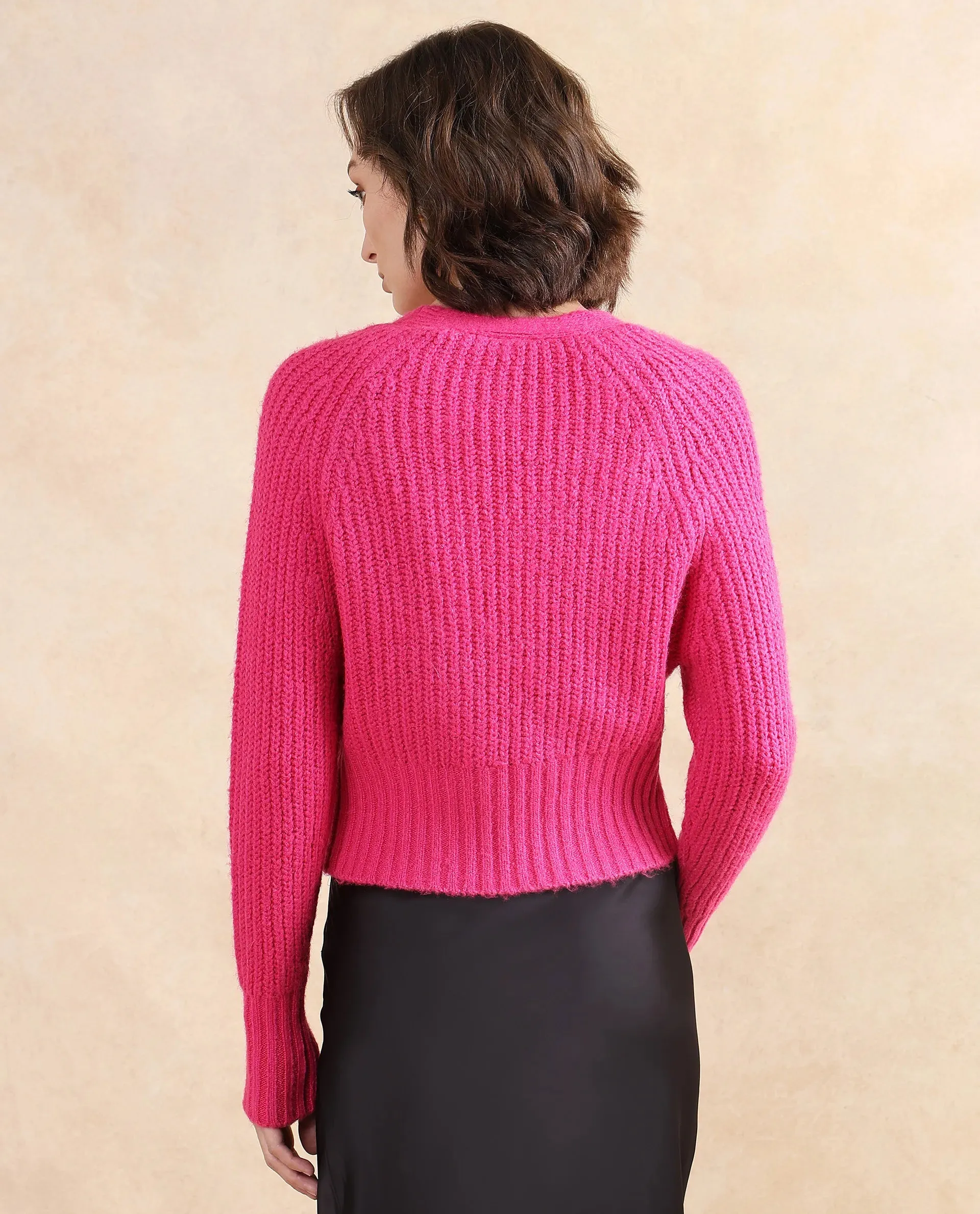 Rareism Women Okali Pink Relaxed Fit Plain Cardigan