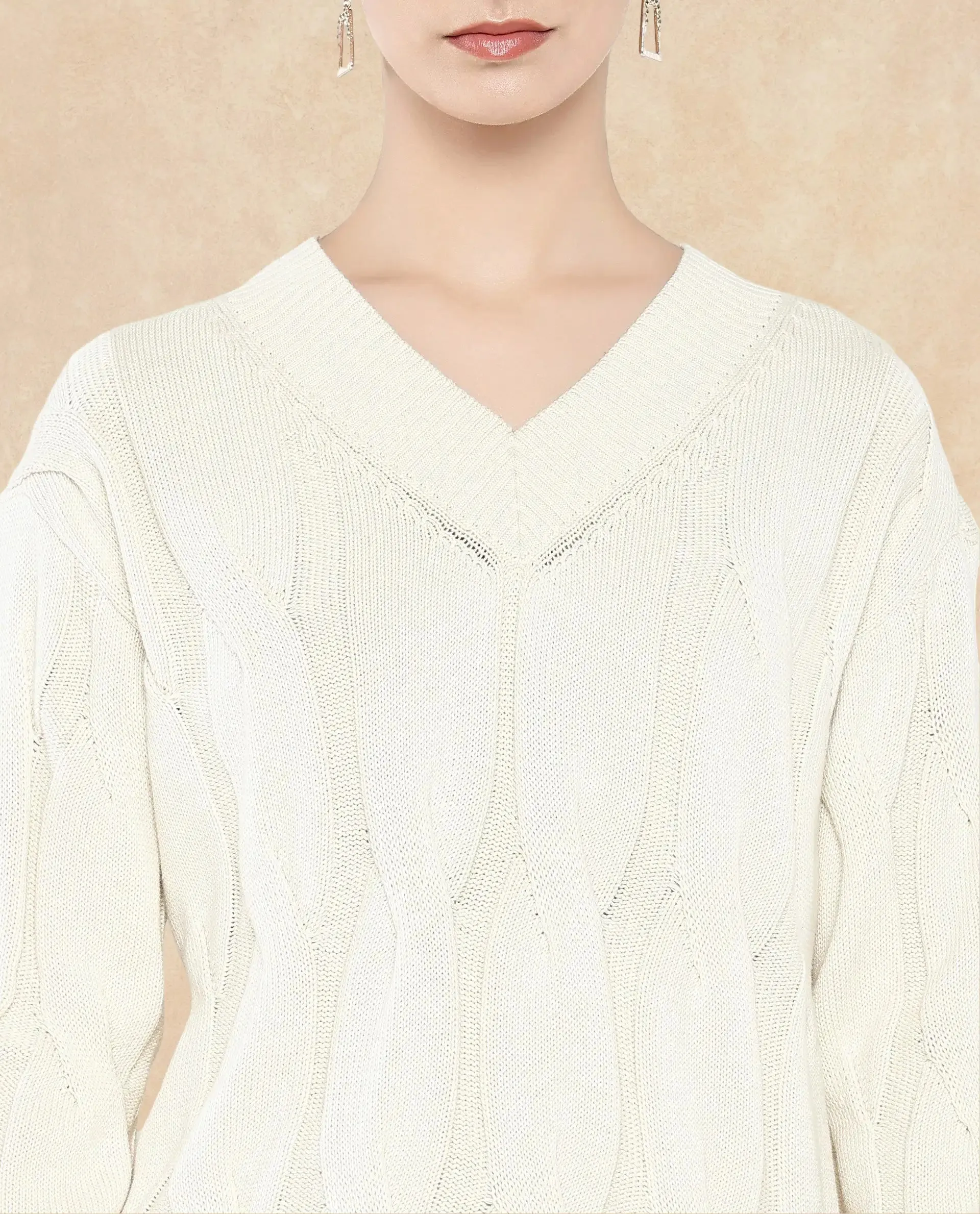 Rareism Women Pax Off White Oversized Fit Plain Sweater