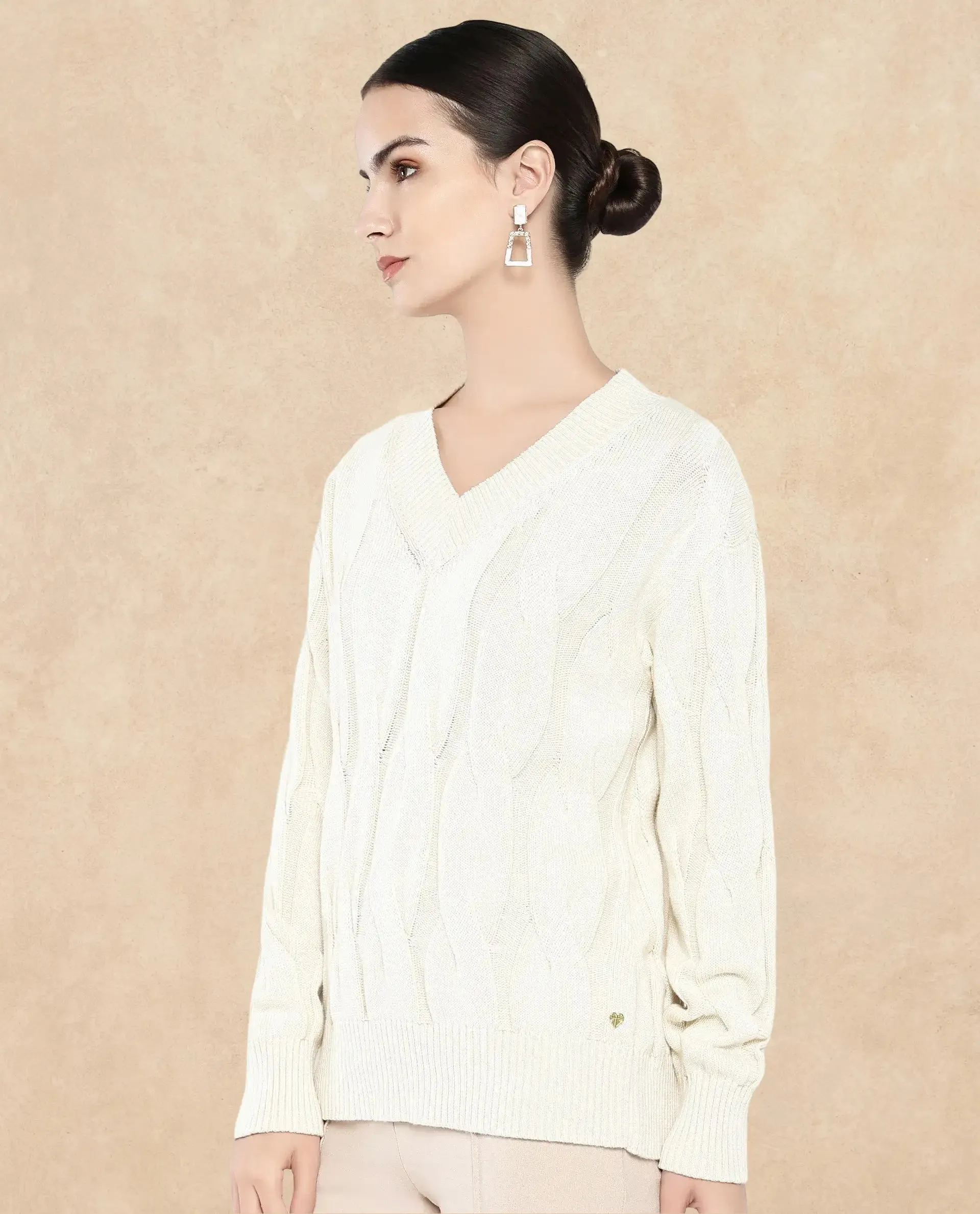 Rareism Women Pax Off White Oversized Fit Plain Sweater