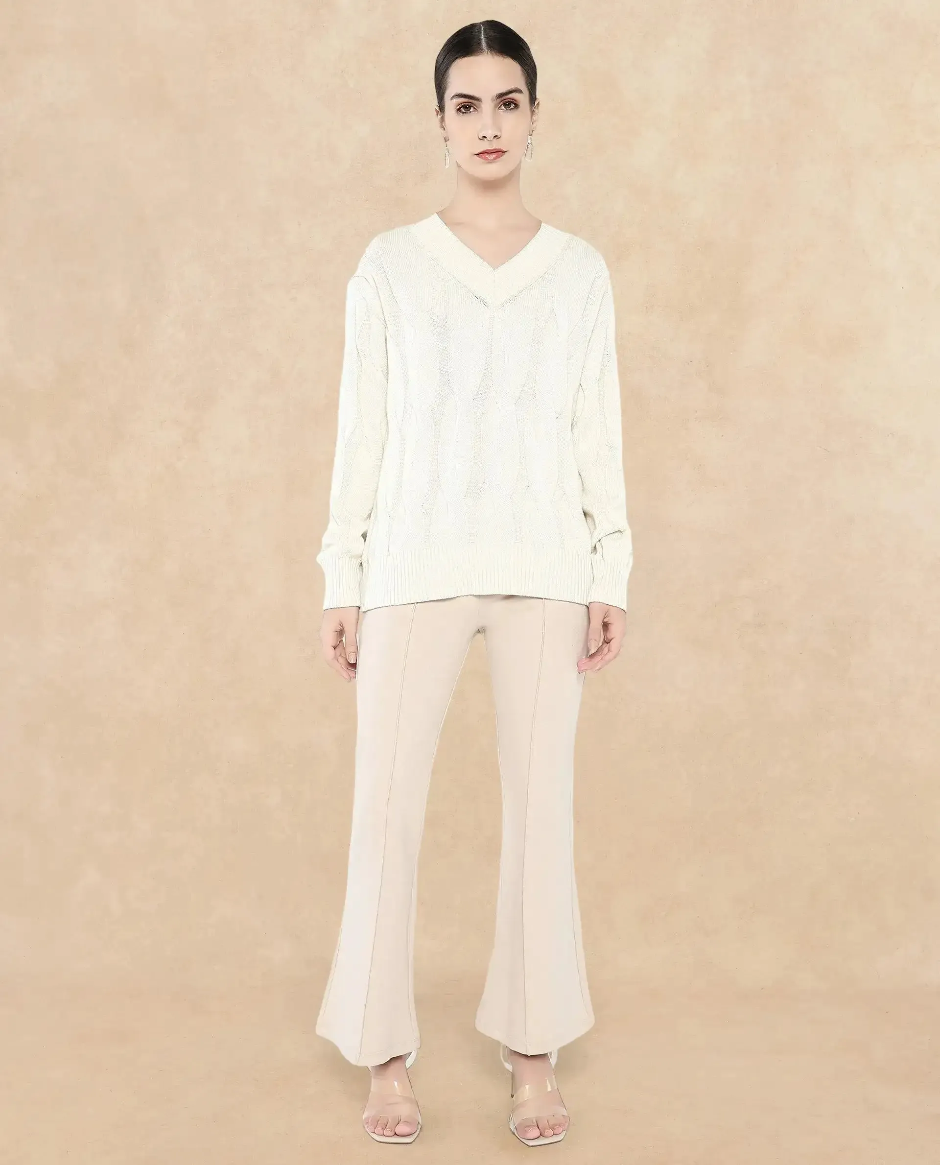 Rareism Women Pax Off White Oversized Fit Plain Sweater