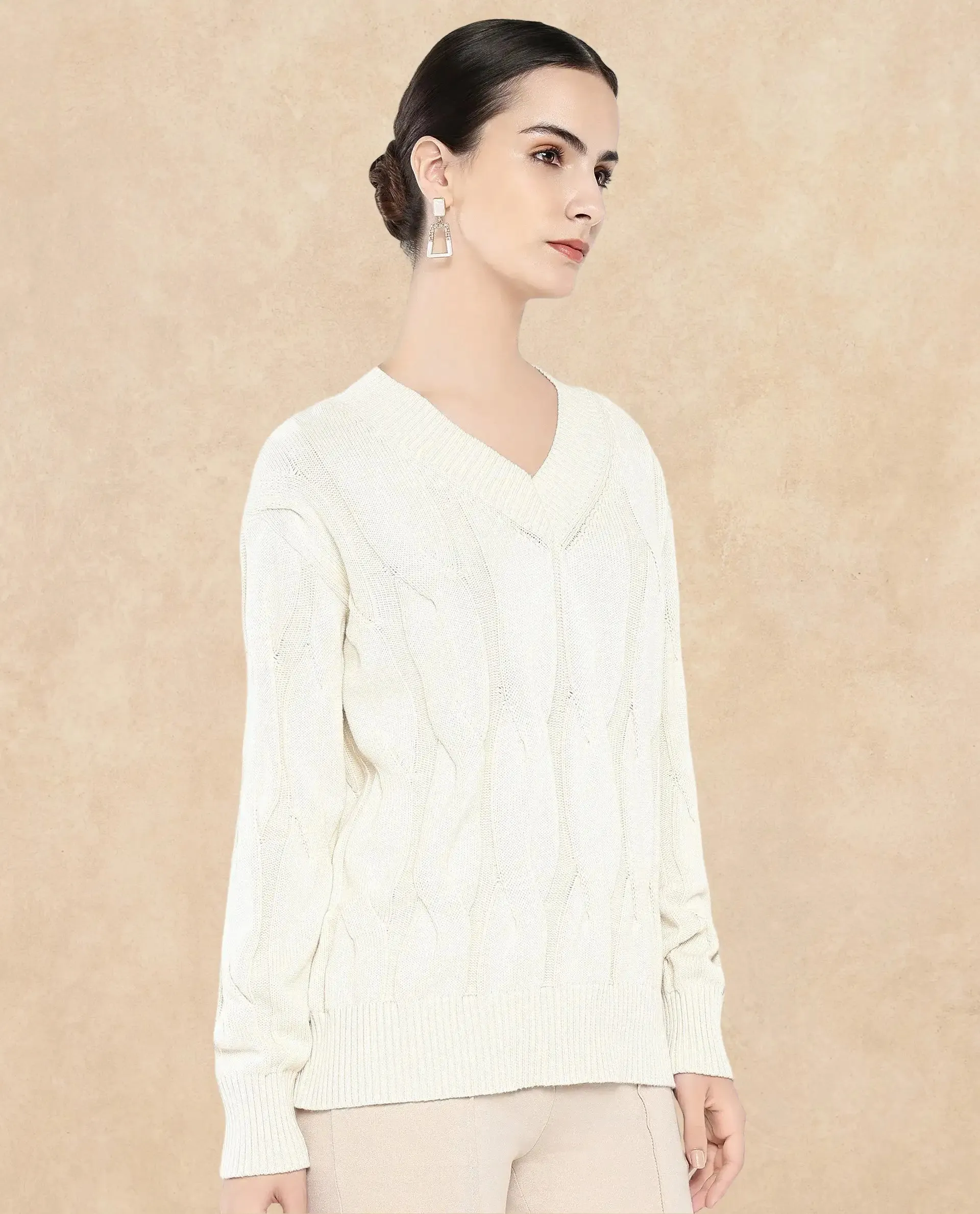 Rareism Women Pax Off White Oversized Fit Plain Sweater