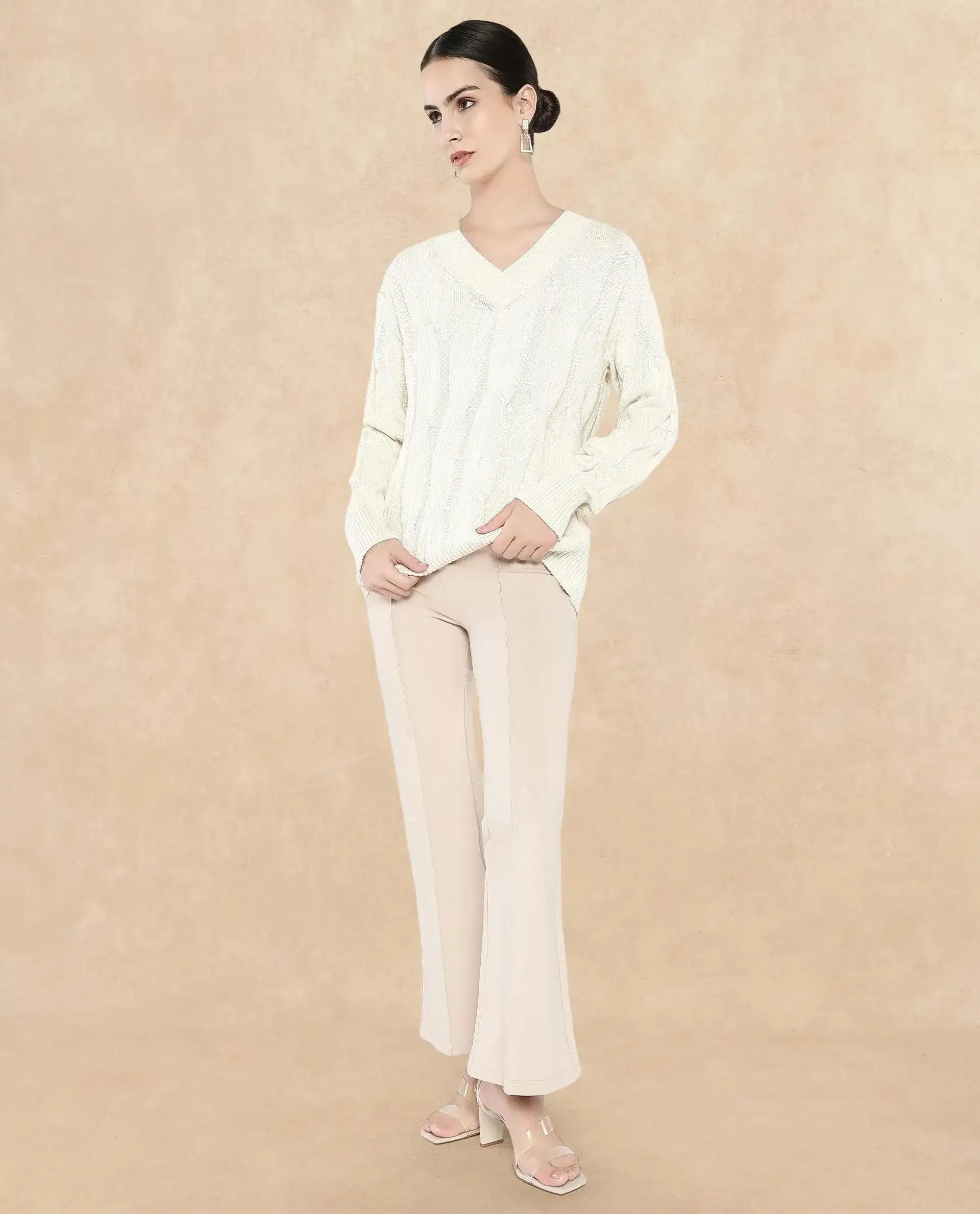 Rareism Women Pax Off White Oversized Fit Plain Sweater