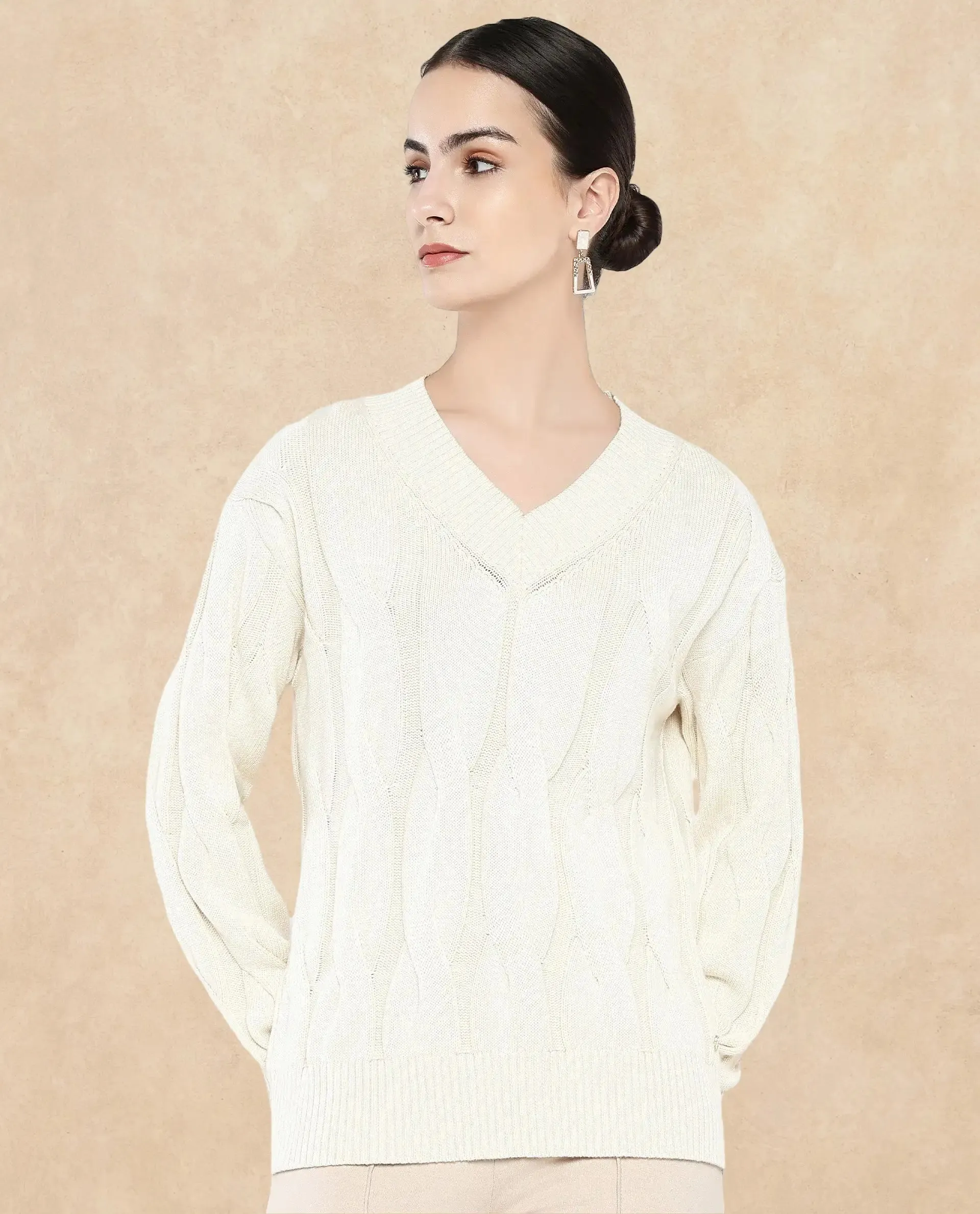 Rareism Women Pax Off White Oversized Fit Plain Sweater