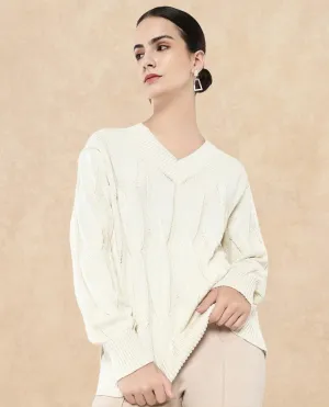 Rareism Women Pax Off White Oversized Fit Plain Sweater