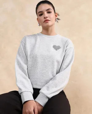 Rareism Women Rhink Melange Grey Cotton Blend Fabric Full Sleeve Hooded Relaxed Fit Plain Sweatshirt