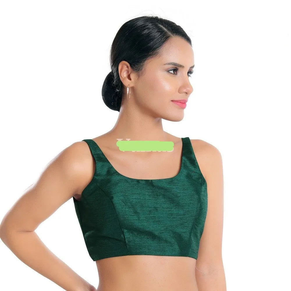 Readymade Dupion Silk Padded Back Open Sleeveless Bottle Green Saree Blouse