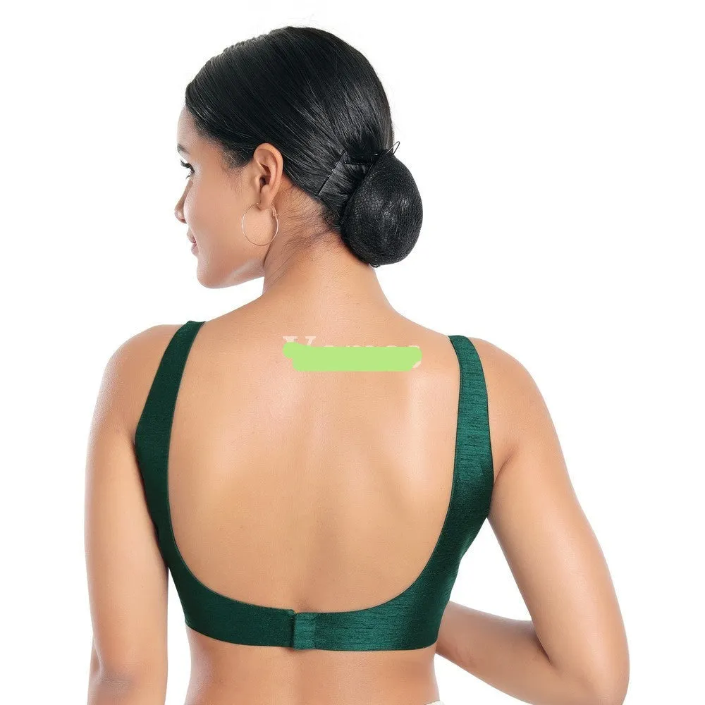 Readymade Dupion Silk Padded Back Open Sleeveless Bottle Green Saree Blouse
