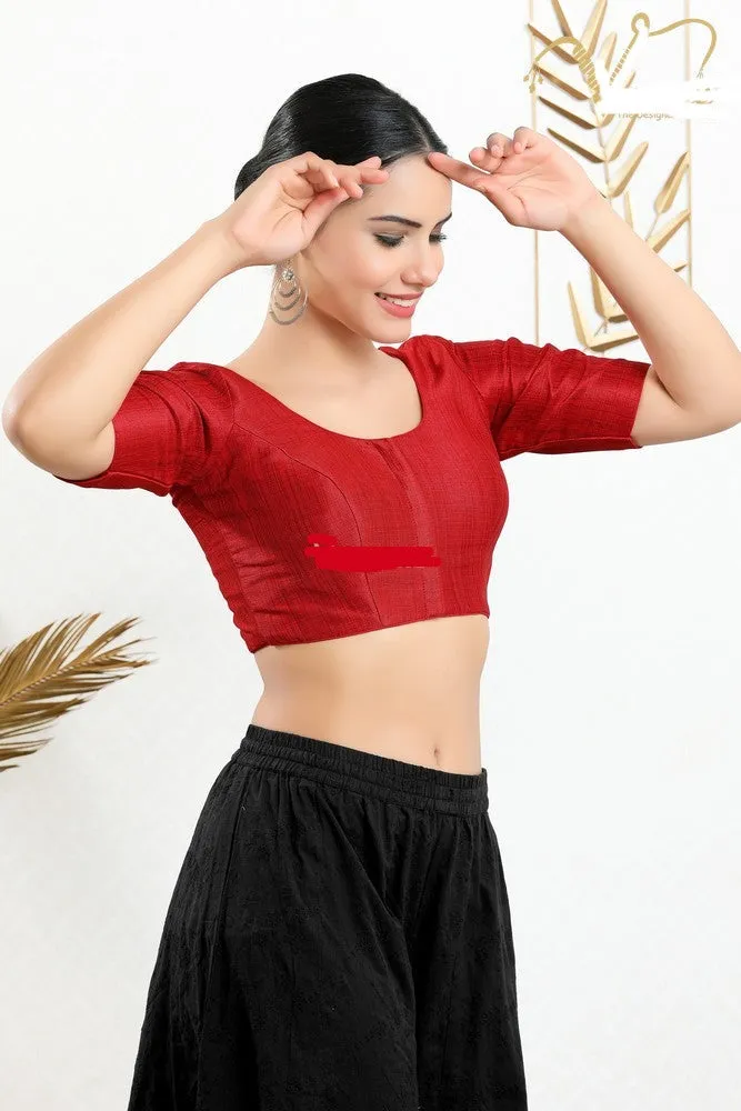 Readymade Silk Padded Back Open Elbow Sleeves Red Saree Blouse