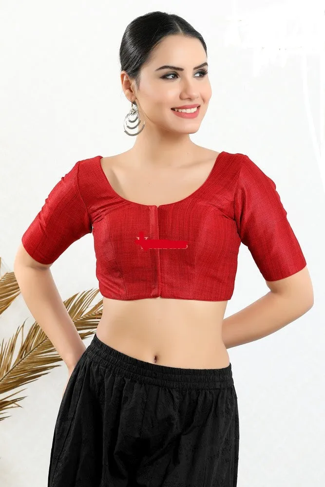 Readymade Silk Padded Back Open Elbow Sleeves Red Saree Blouse